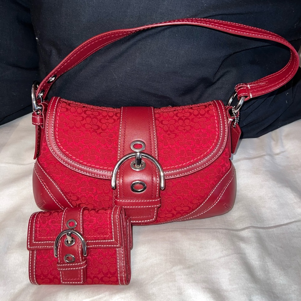 Coach Red Shoulder Bag with Matching Wallet